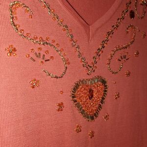 STORYBOOK KNITS CORAL GOLD BEADED 3/4 SLEEVE SWEATER SIZE SMALL